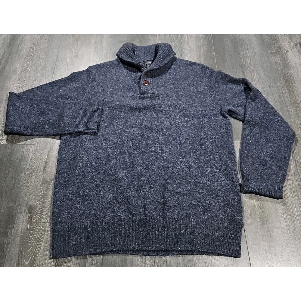 J Crew Lambswool Shawl Collar Sweater Men L Blue Preppy Cozy‎ Soft Fisherman